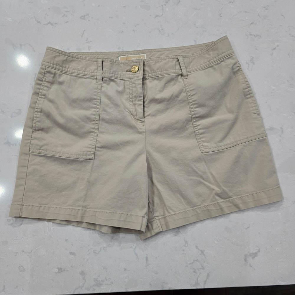 Michael Kors Khaki Chino Shorts Tan Gold Hardware Stretch Cotton Size 10